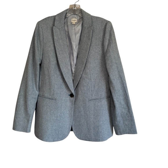 J Crew Factory Blue Herringbone One Button Blazer Linen Cotton Preppy Size 8 - Picture 2 of 14